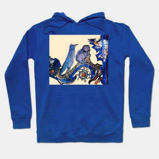 WEIRD MEDEVAL BESTIARY, CAT AND CUCKOO BIRD IN BLUE Hoodie